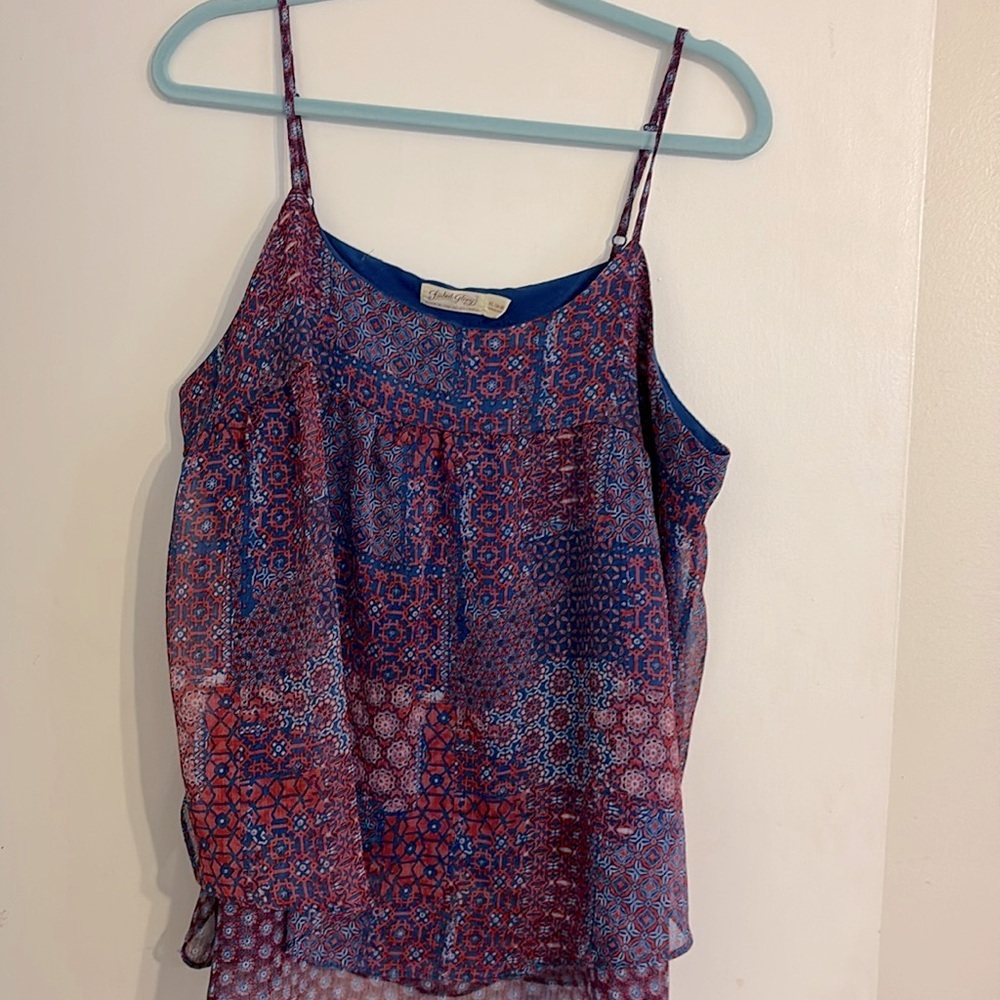 Faded Glory Red & Blue Printed Spaghetti-Strap Chiffon Layered Top. Size XL